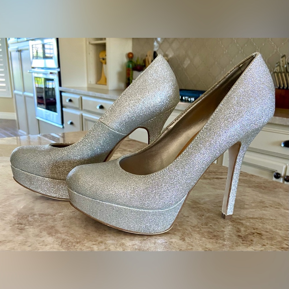 💕 SILVER GLITTER PLATFORM STILETTO HIGH HEEL SHOES - WOMENS SIZE 9 1/2 💕